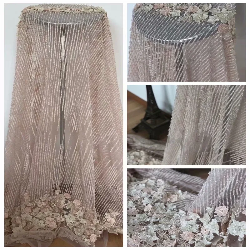 

Nigerian Lace Fabrics For Wedding 2018 African French Lace Fabric High Quality 3D Lace with beads ,PINK Lace Applique H889-1
