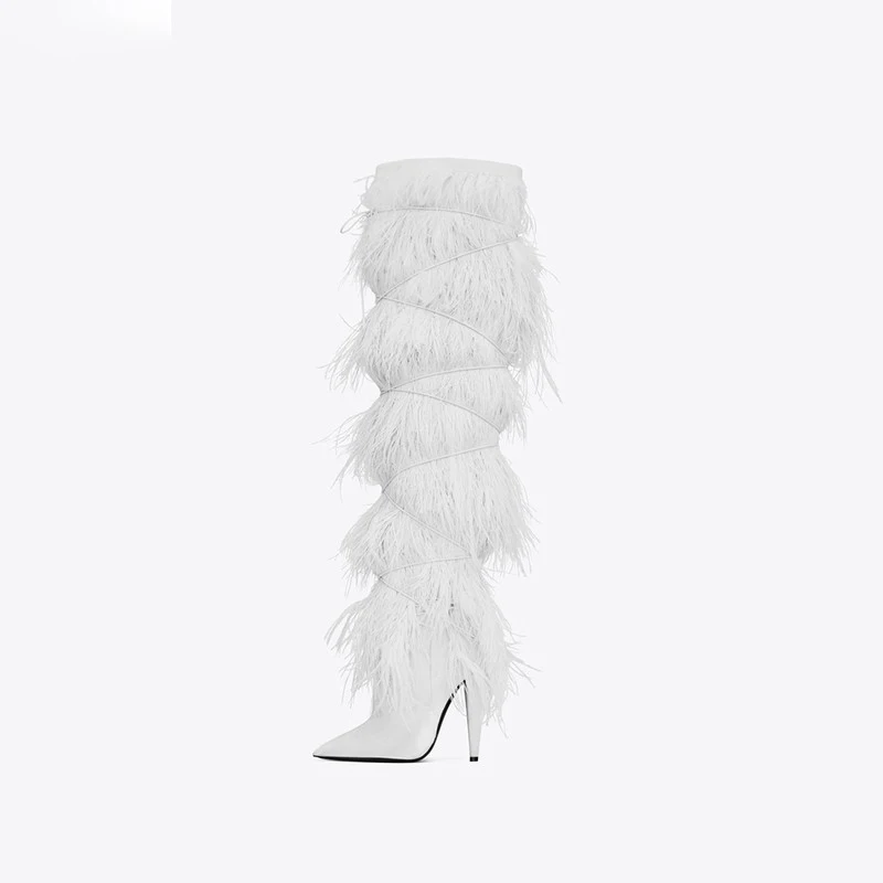 Мех перо Обложка замшевые Ботфорты высокие сапоги женщин острым кисточкой на каблуке кожаные мотоботы для подиума женская зимняя обувь
