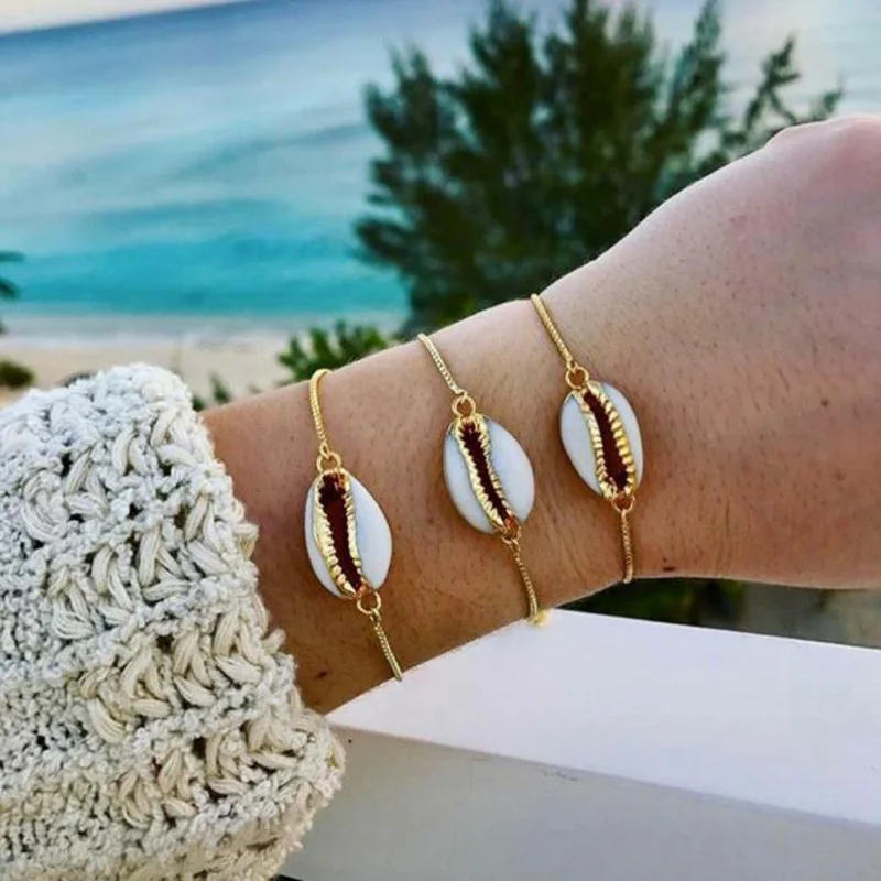 

Hot Sale Bohemia Charming Shell Bracelets&Bangles For Women Girls Gold Color Metal Bracelets Statement Beach Jewelry Wholesale