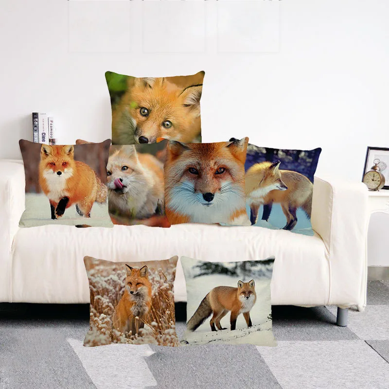 

XUNYU Cute Animal Cushion Cover Beautiful Yellow Fox Throw Pillow Case Linen Cushion Cover Sofa Bed Decorative Pillowcase C0040