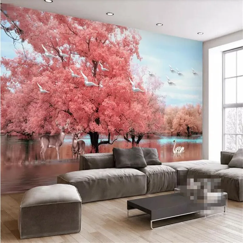 

Fantasy pink tree elk landscape TV background wall professional production mural wholesale wallpaper mural custom photo wall