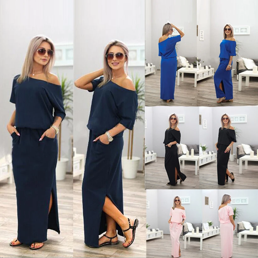 

2019 For Women Summer Elegant Maxi Dress Slash Skin Care Neck Short Sleeve Casual Dress Loose