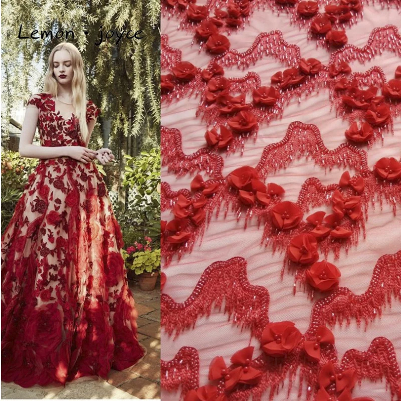 

Handwork Fully Beaded Floral 3D Flowers Wedding Evening Tulle Fabric African Tulle Party Dress High Quality 2019