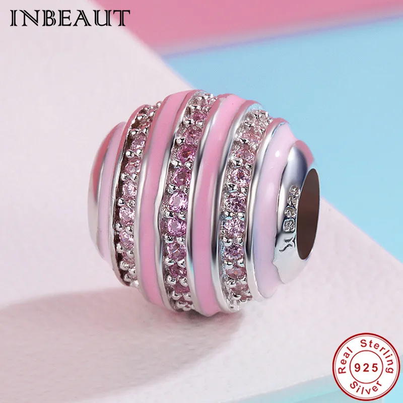 

Round Pink Zircon S925 Stamp Beads fit Pandora Bracelet 925 Sterling Silver Enamel CZ Charm for Bracelets&Bangles DIY Jewelry