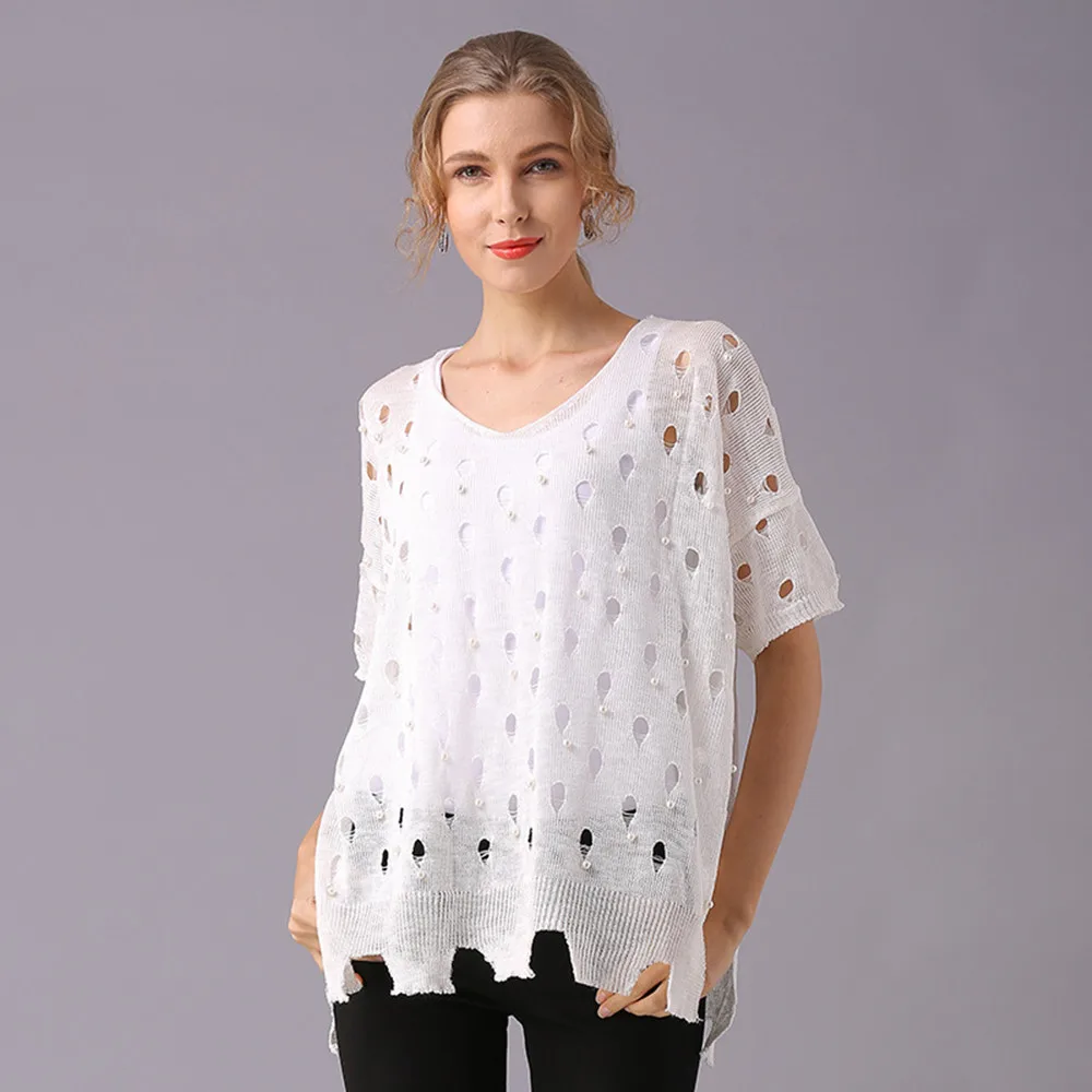 

2018 Spring Popular Women T-Shirt Short Sleeve Loose Knit Jumpers Women O-Neck Solid Hollow Out Air-Conditener T-Shirt