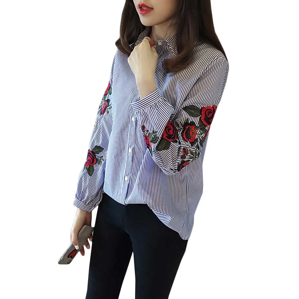 Rose Embroidery Blouse Shirt Women Long Sleeve Down Floral