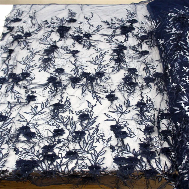 

High-end blue Lace Fabric, Africa Lace 2018 3D applique Lace Fabric With Beads and feathers For the wedding A954-2