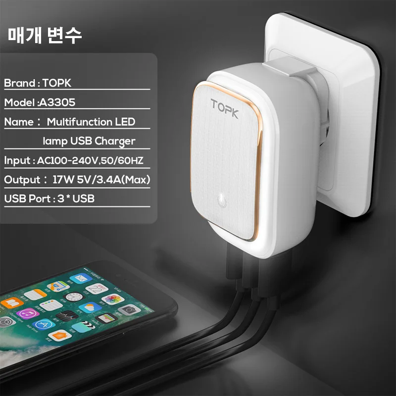 TOPK L Power 4 портовый EU/US/UK/AU штекер 22 Вт USB зарядное устройство Светодиодная лампа