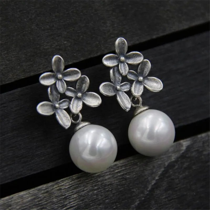 

S925 Sterling-Silver-Jewelry Flower Shell Pearl Sterling Silver Jewelry Dangle Drop Earring For Women Korean Jewelry 13mm TYC197