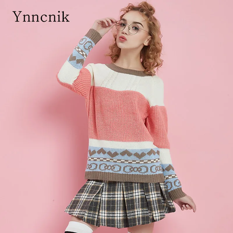 Ynncnik Lady's Sweater Sweet Girls Pullovers Colorful Patchwork Knitted Pullover Long Sleeve 