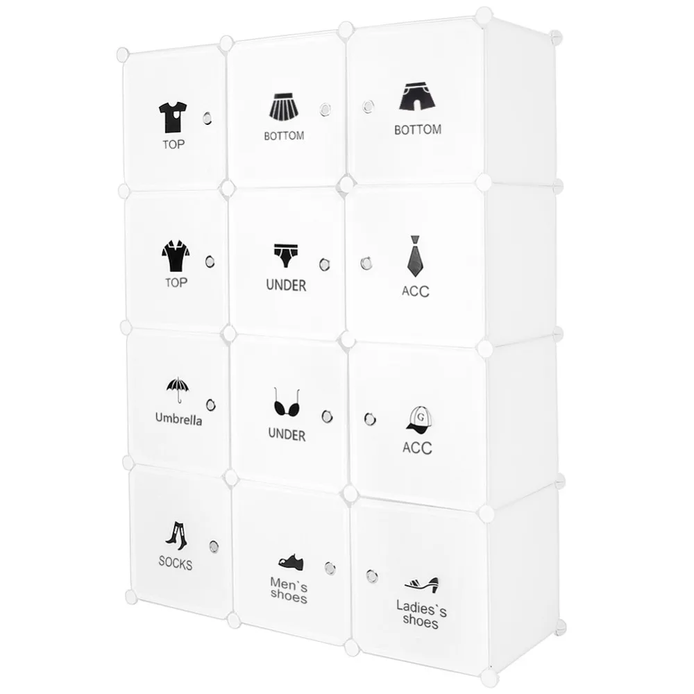 

Plastic Wardrobe Cabinet Storage 12 cube Interlocking Clothes Toys Waterproof DIY Assemble Creative Stickers Wardrobe S15