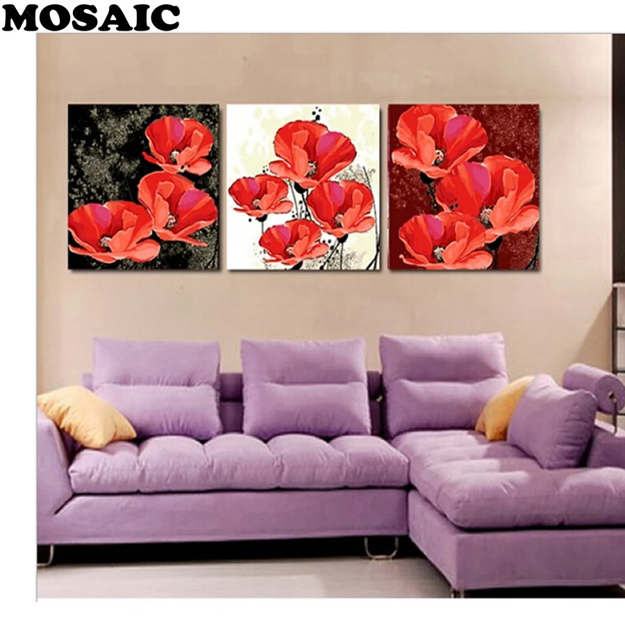 

5d diamond painting full drill square,Cross Stitch sale diamond Embroidery poppy mosaic Wall pictures for living room triptych