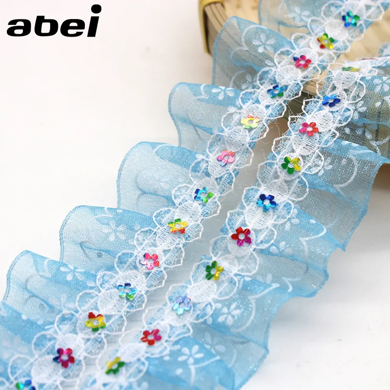 

5yards/lot 3cm Blue Lace Trims Pleated Organza Ribbon Wedding Candy Box Scrapbook Home Craft Decoration Baby Girl Cloth Sewing