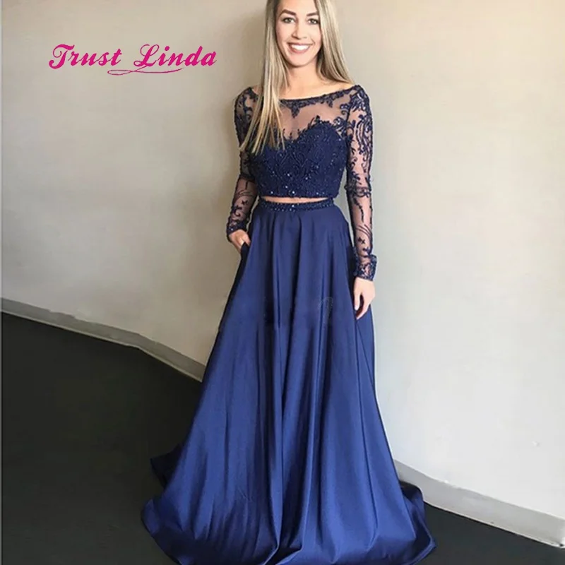 Beaded Two Piece Prom Dress Illusion Neck Long Sleeves Wedding Guest