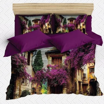 

Else 6 Piece Purple Trees Vintage Street Floral 3D Print Cotton Satin Double Duvet Cover Bedding Set Pillow Case Bed Sheet