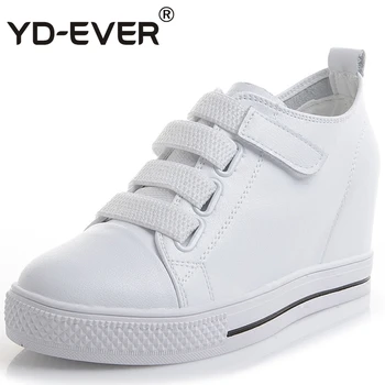 

YD-EVER genuine leather women Casual Shoes platform wedge shoes height increasing shoes hook sneakers white shoes black white