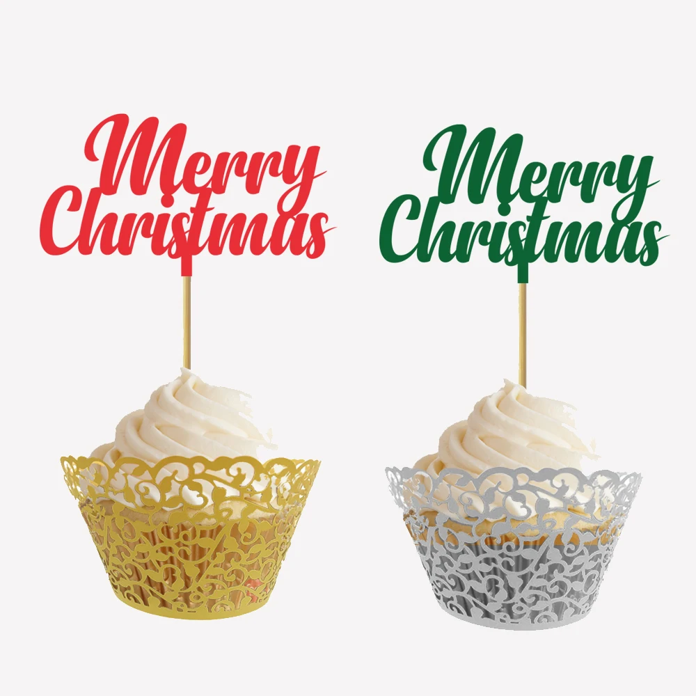 20pcs Glitter Merry Christmas Cupcake Topper Happy Christmas