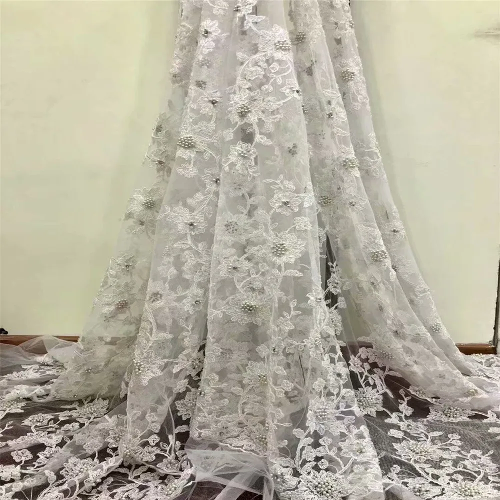 

White beaded appliqued lace fabric high quality Latest african lace 2018 noble Handmade 3D lace fabric for Nigerian party H721-1