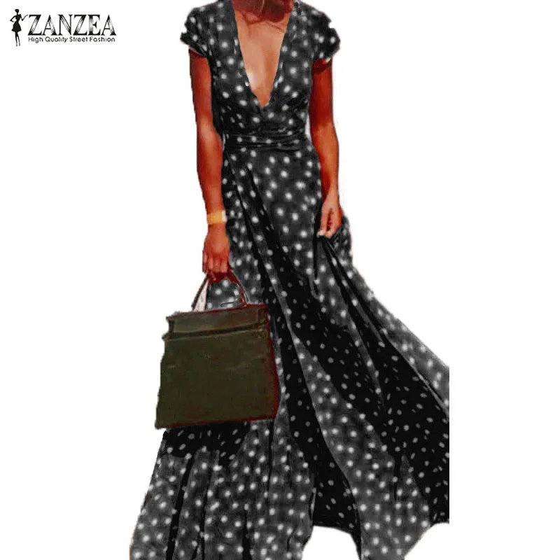 

2019 ZANZEA Summer Dress Women Polka Dot Deep V Neck Short Sleeve Split Party Beach Maxi Long Dress Vestido Sundress Plus Size