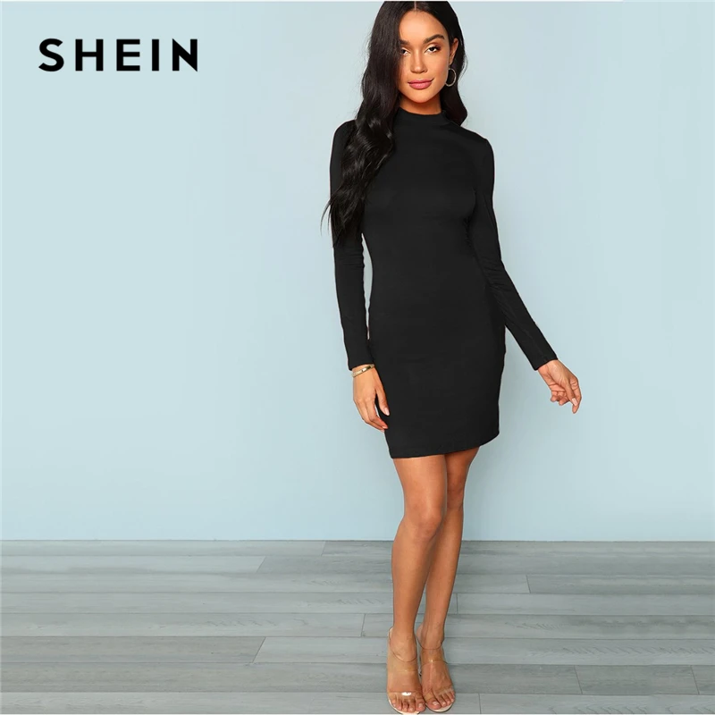 SHEIN Облегающее Платье С Длинным Рукавом, Черное Платье В Стиле Кэжуал