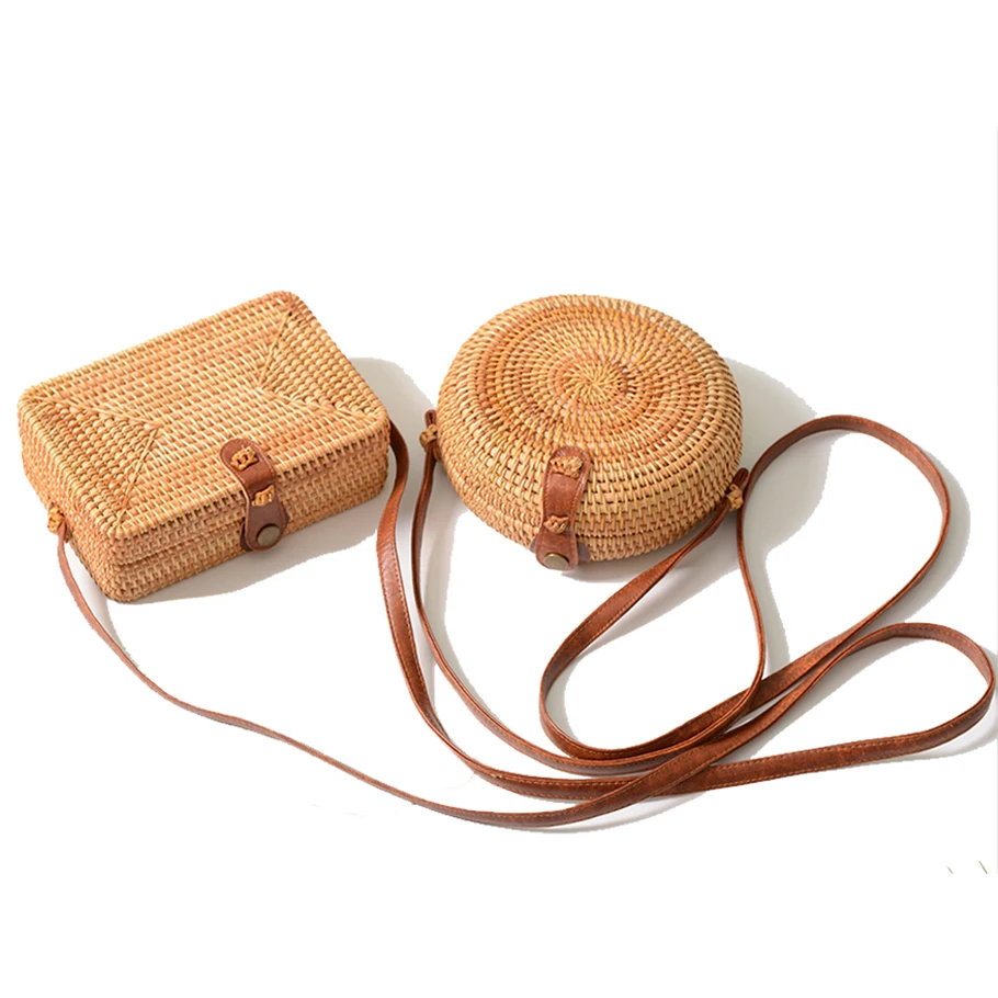 

Fashion Handmade Rattan Woven Round Women Crossbody Bag Vintage Straw Square Box Messenger Bag Lady Summer Bohemia Beach Shoulde