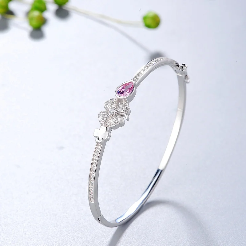 

s925 Sterling Silver Clover Bangles with Micro Inlay AAA Zircon Lucky Pink Crystal Bangles Bracelets Lover Women Jewelry fine