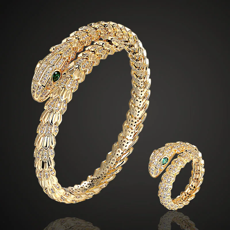 

Zlxgirl jewelry Adjust green eye Snake cubic zircon bangle ring sets best women bridal jewelry sets copper bangle&ring sets