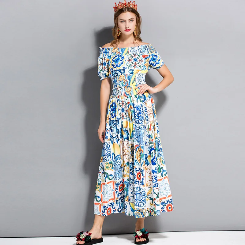 New Arrival Women's Slash Neckline Short Sleeves Elastic Waist Floral