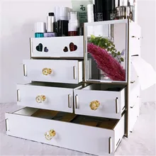 Большой деревянный органайзер для косметики, Настольный ящик, коробка для хранения косметики с зеркалом, зеркало для макияжа для девушек, женщин, в форме цветка и сердца