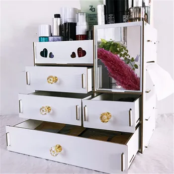 

Large Wooden Makeup Organizer Desktop Drawer Cosmetic Storage Box with Mirror Makeup Mirror for Girls Woman Flower Heart Shape
