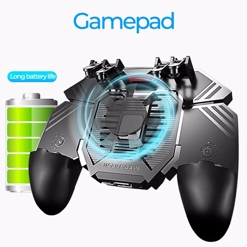 

AK77 Cooling Fan PUBG Game Controller Gamepad Six Finger Trigger Shooting Joystick Gamepad For IOS Android Mobile Phone 1200 mAh