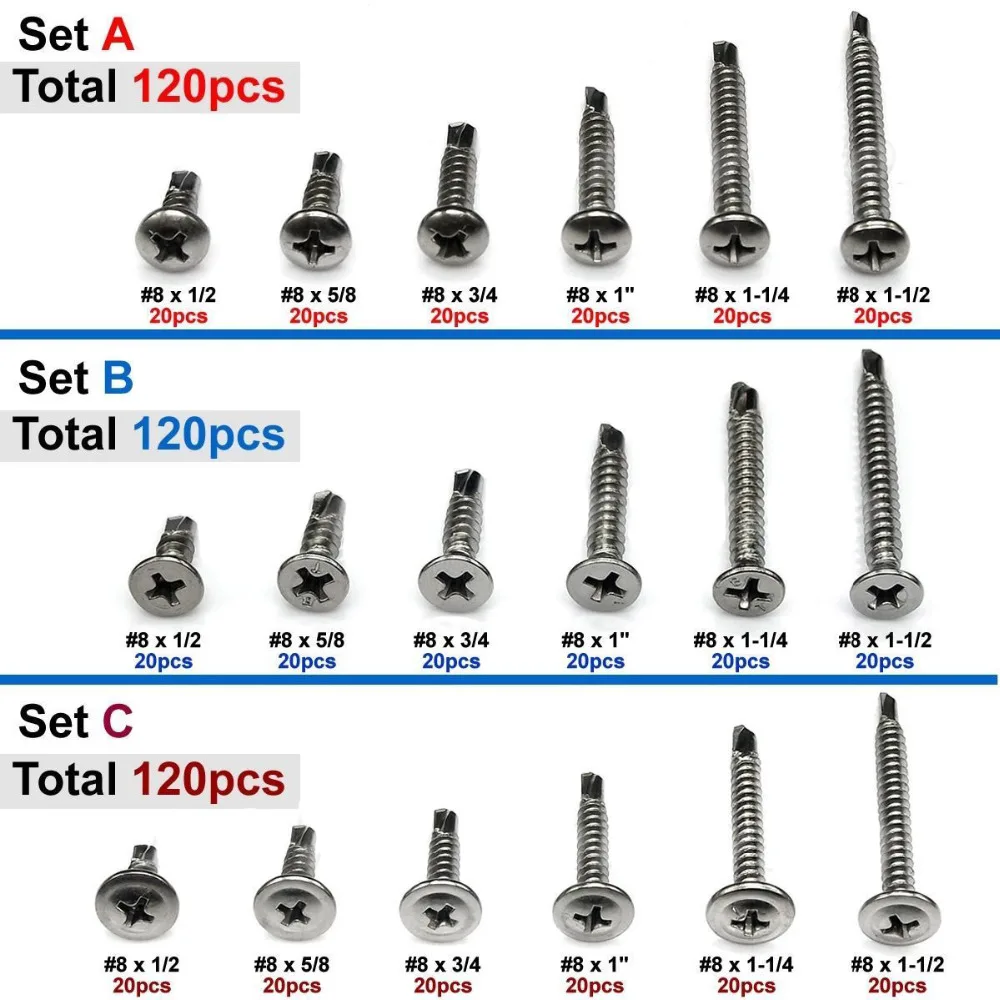 

Practical 120pcs #8 Phillips Pan Flat Truss Head Self Drilling Screws 410 SS Kit