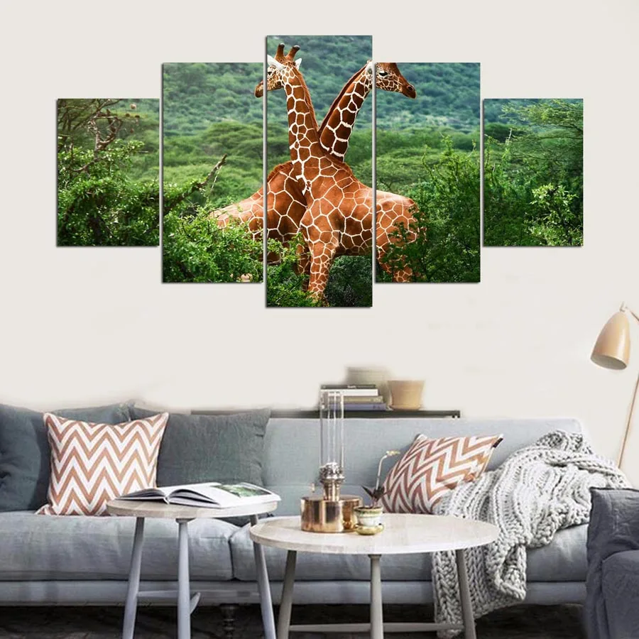 

HD Prints Canvas Wall Art Poster Living Room Decor Pictures 5 Piece Landscape Giraffes Printed Poster Animal Painting Framework