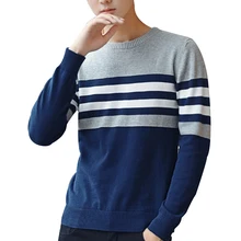 Fashion Men Round Collar Stripe Sweater Slim Fit Knitting Pullover Sweater