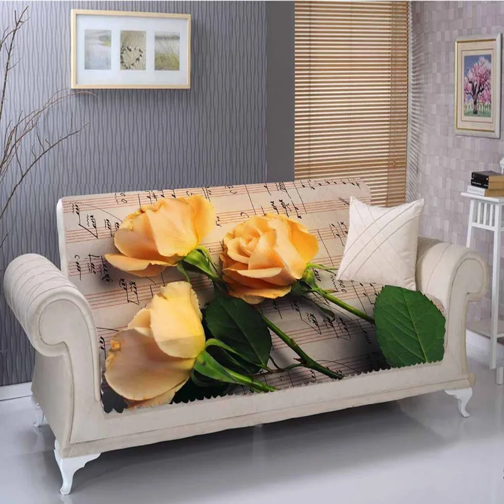 

Else Yellow Roses Brown Music Notes Green Leaf 3D Living Room Stain Resistant Printed Furniture Protector Seat Sofa Cover
