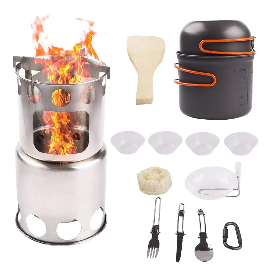 Outdoor Portable Camping Cookware Kit Cooking Bowl Pot With Wood Burner Stove 