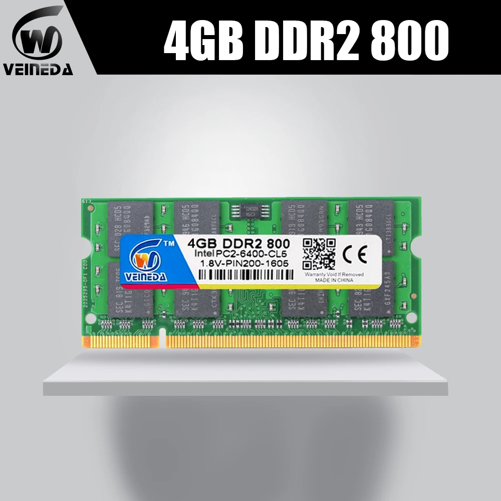 VEINEDA Sodimm ذاكرة عشوائية ram 4 gb ddr2 800 Mhz ram ddr2 667 mhz دفتر ل إنتل amd موبو دعم ram ddr2 533 Mhz pc6400 200pin