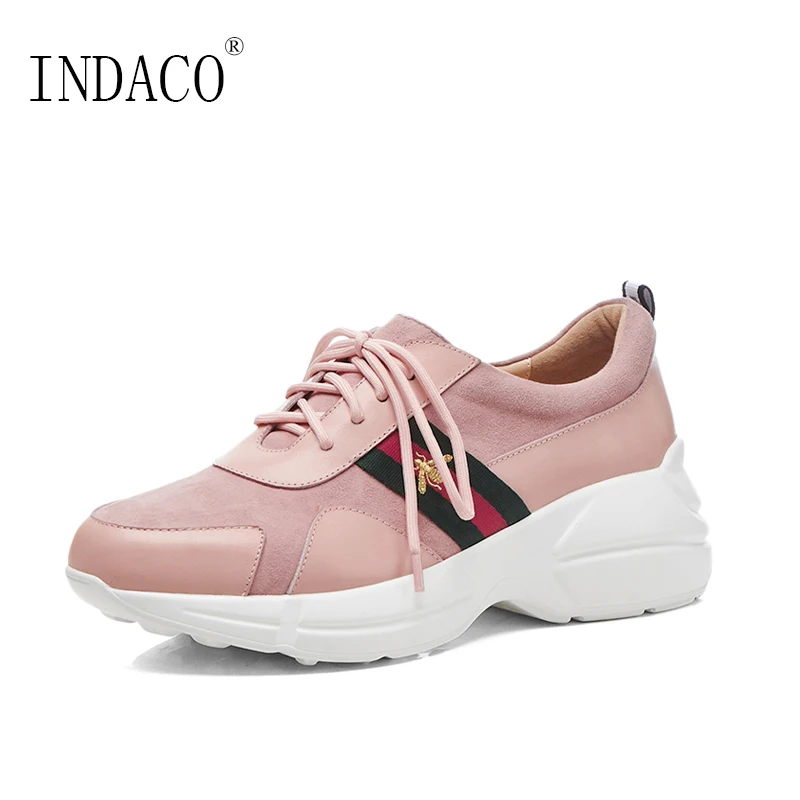 

2018 New Women Shoes Black Pink Genuine Leather Comfortable Casual Shoes 6.5cm Zapatillas Mujer Deportiva
