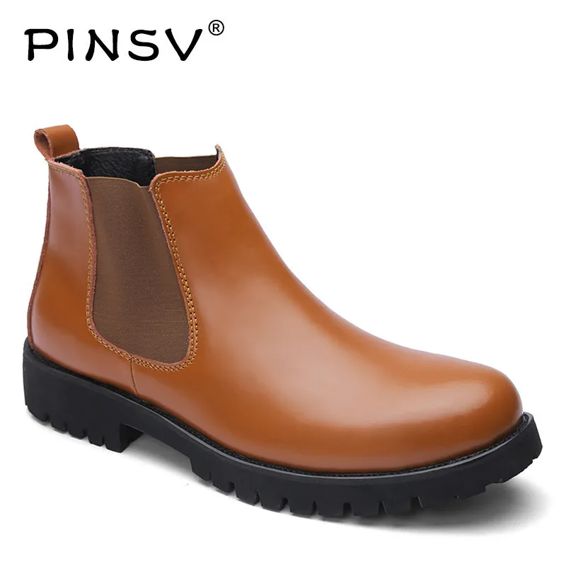 

PINSV Winter Shoes Men Chelsea Boots Split Leather Boots Mens Shoes Black Autumn Chelsea Boots Mens Work Shoes Plus Size 37-45