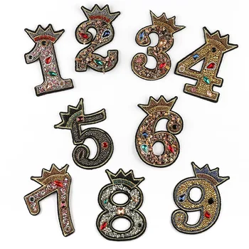 

10pcs 1-9 Number Handmade Numeral Patches Rhinestone Badges Iron on Patch Number Appliques Clothing Hat Bag DIY Emblems Crown