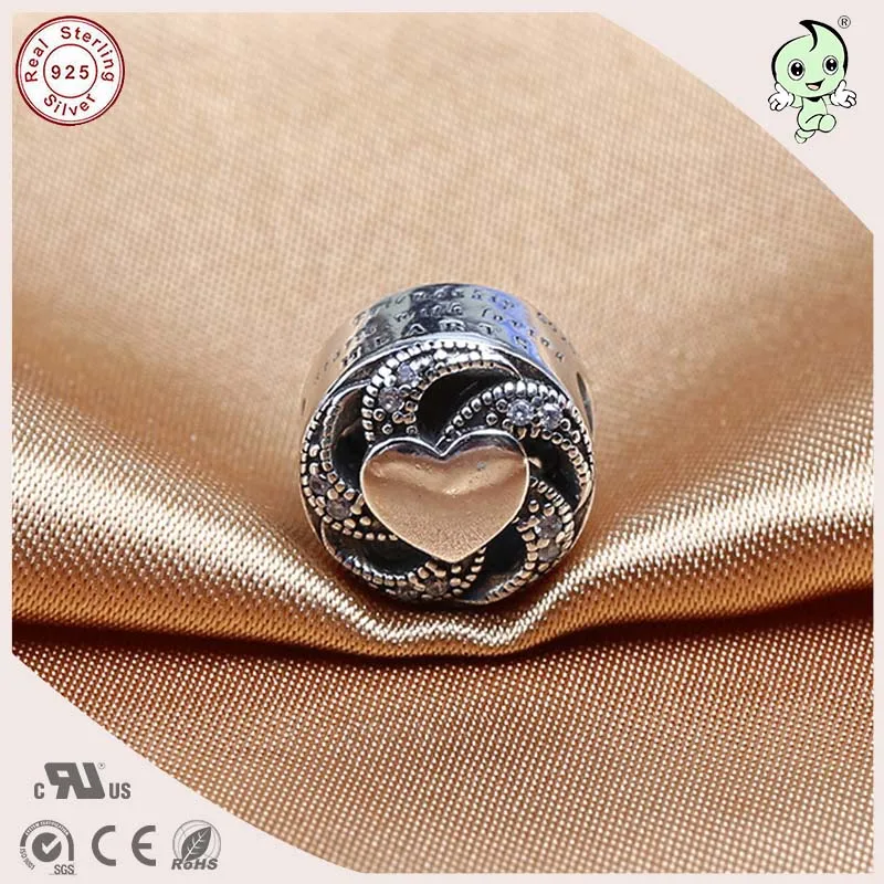 

Top Quality CZ Paving Spiral Heart 925 Sterling Siver Hollow Charm Fitting European Famous Bracelet