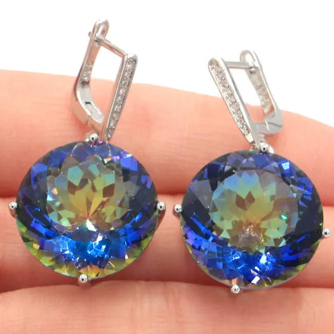 

SheCrown Big Round Gemstone 20x20mm Fire Rainbow Mystic Topaz Natural Cz Gift For Sister Silver Earrings 30x20mm