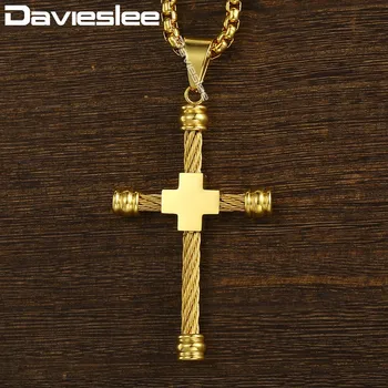 

Davieslee Cross Pendant Necklace Men's Box Link Stainless Steel Gold Silver Color DKPM142