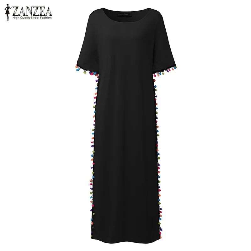 S-5XL ZANZEA Ретро женское летнее платье с круглым вырезом и коротким рукавом для