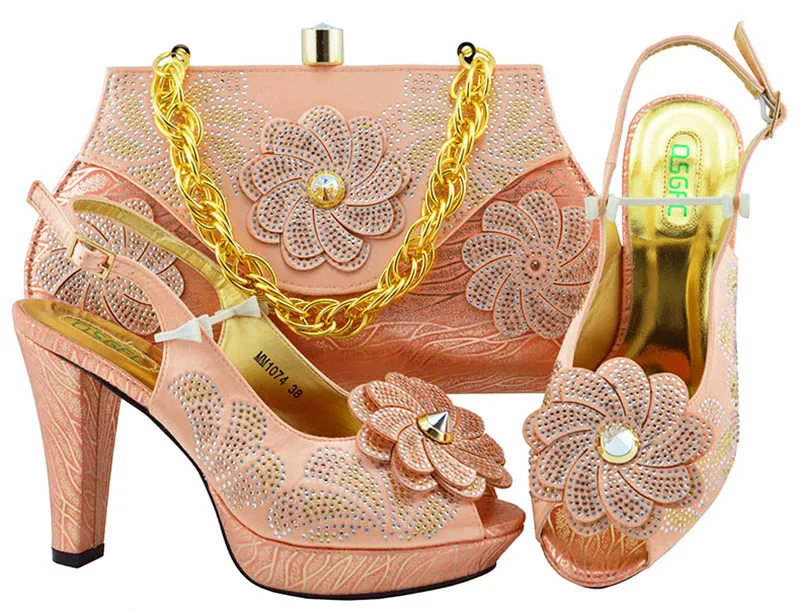 

High quality peach shoe and bag high heel 4.5 inches size38-43 italian new design african party shoes and bag clutches SB8258-1