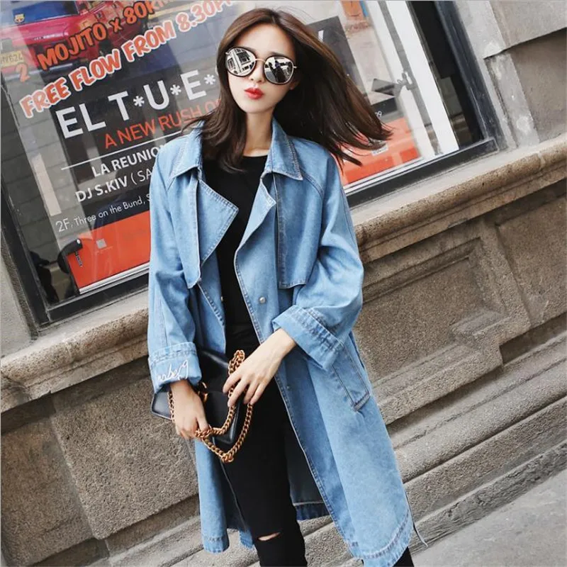 Femmes Manteaux 2018 Jeans Coupe Tranchée Avec Longue Ceinture Blue Outwear Manteau De Femme Bouton Printemps vent Denim Femelle Cm2759 Lâche 9I2DWEHeY