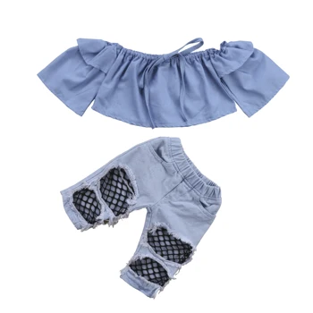 

Toddler Kids Baby Girls Clothes Set Blue Off Shoulder Tops Denim Mesh Hole Jeans Girl Clothing Summer Autumn Outfit 2PCs