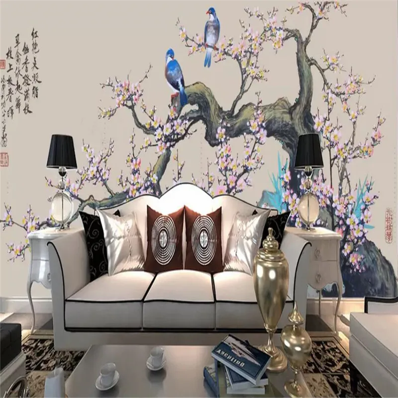 

Ink plum blossom magpie TV background wall professional production mural wallpaper wholesale custom poster photo wall