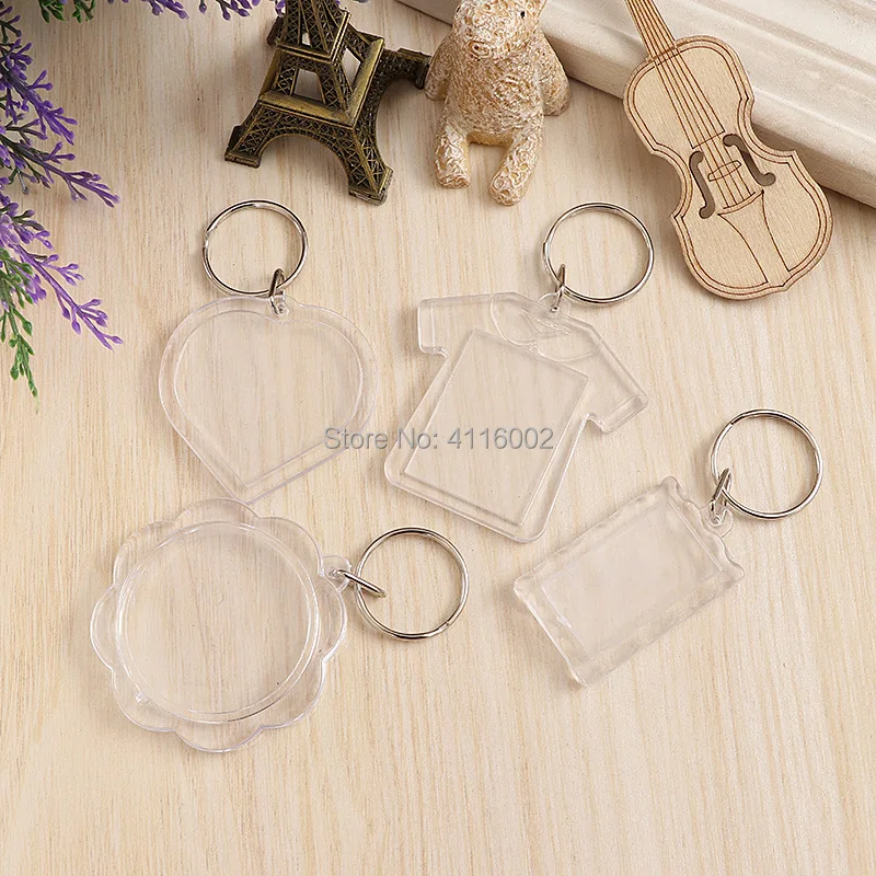 

600pcs/lot Round Heart Rectangle Square Plastic Acrylic Keychains Blank Photo Frame Keyrings DIY Insert Photo Key Chains