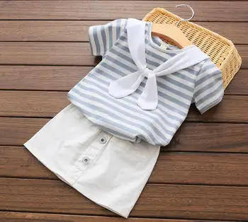 

Two sets of 2018 summer new girl Navy wind collar College wind striped short-sleeved T-shirt + skirt suit